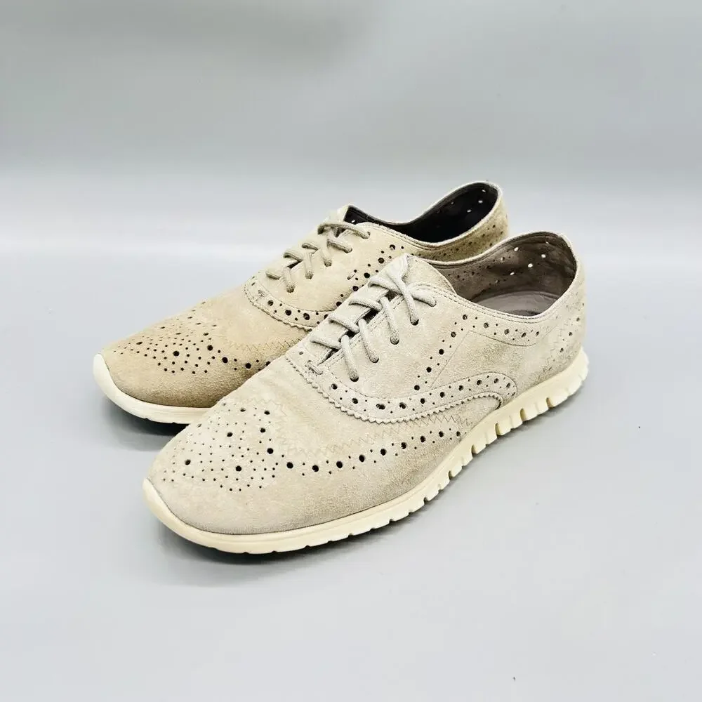 Cole Haan Shoes Womens 6.5 Beige Suede Zerogrand Wingtip Flats Lace Up Comfort